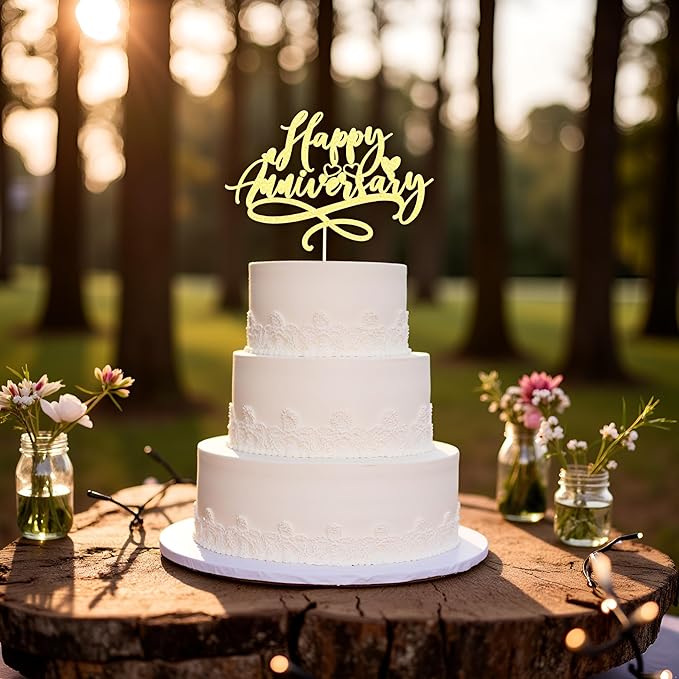 Happy Anniversary Cake Topper, celebrate Company Wedding Birthday Party Decoration Gold Glitter(Anniversary)