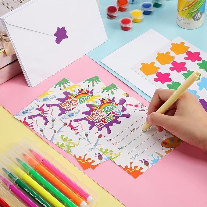 Pajean 24 Set Art Painting Party Invitations with Envelopes Colorful Birthday Cards Paint Themed Invitation Letters Paint Fill in Invites with 30 Stickers for Art Party Supplies