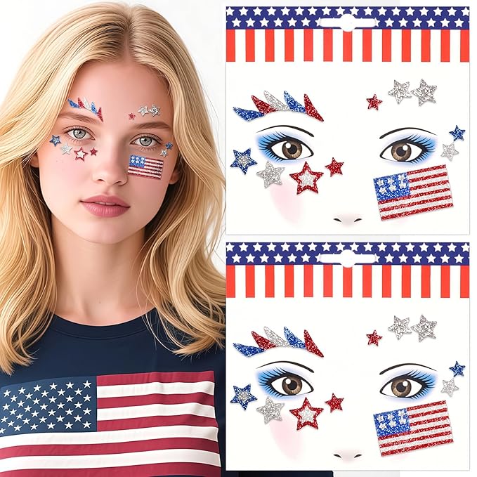 4th of July Face Gems, Fourth of July Celebration Face Jewels, Patriotic Tattoo with USA Flag Stars Designs, Sparkle Glitter Red Blue Silver for Independence Day, Parades, Parties 2 Sheets (style3)