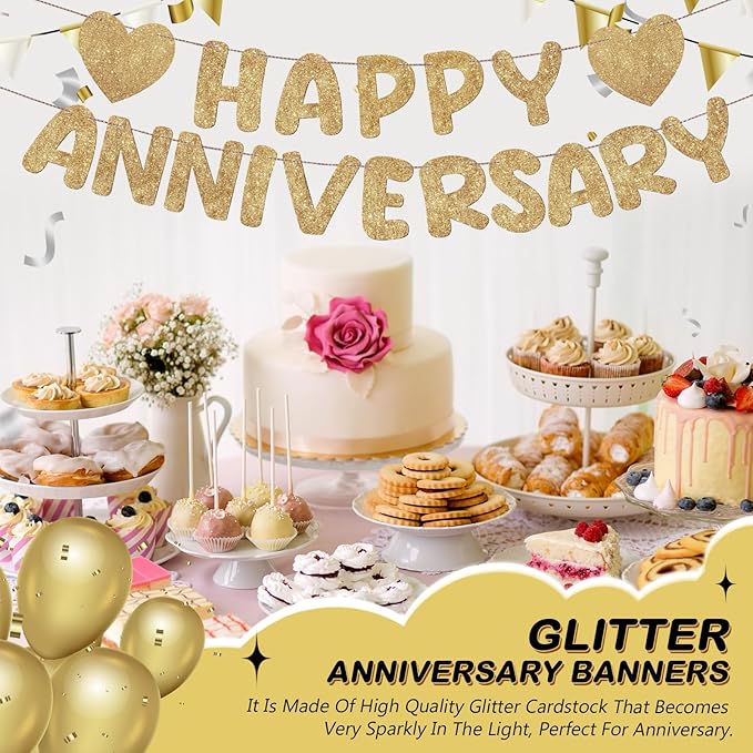 Fulmoon Happy Anniversary Banner Glitter Happy Anniversary Decorations Wedding Party Banner Romantic Decorations No DIY Pre-strung for Wedding Party Birthday Door(Champagne Gold)