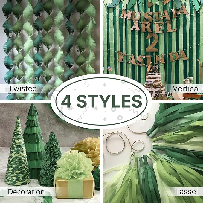PartyWoo Dark Green Crepe Paper Streamers 4pcs 328ft Pack of Sage Emerald Forest Hunter Green Crepe Paper Streamers for Birthday Baby Shower Woodland Dinosaur Jungle Football Theme Party Decorations