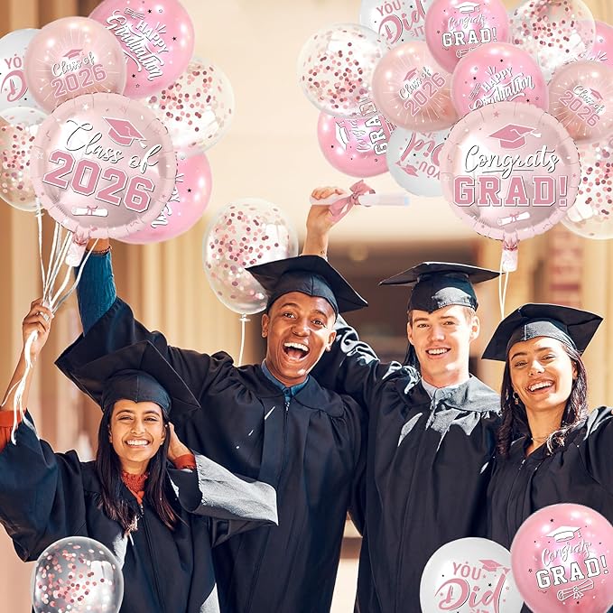 Pink and Rose Gold Graduation Balloons Graduation Decorations 2026, 51Pcs Grad Latex Balloons and Grad Foil Balloon with Confetti Ribbons Grad Party Decorations for College High School