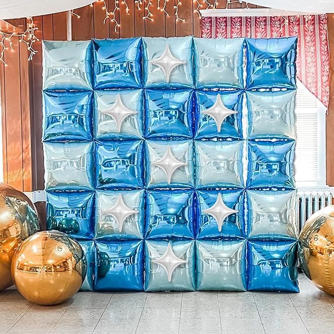32PCS Navy Blue Light Blue Square Foil Balloons Wall with Silver Star Foil Balloon, Double Sided Metallic Blue Silver Balloon Backdrop Tunnel Arch for Under the Sea Ocean Birthday Graduate Baby Shower
