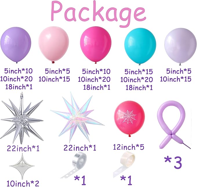 PageebO Spider Theme Balloon Arch, 153pcs Pink Purple Blue Spider Web Print Balloons with Explosion Silver Star Foil Balloons for DIY Spider Birthday Girl Spidy Party Supplies Baby Shower Decorations