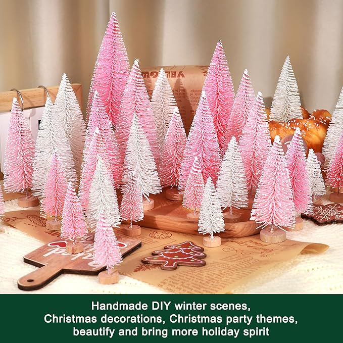 30Pcs Mini Christmas Trees Artificial Christmas Tree Bottle Brush Trees with Wooden Base for Christmas Decor Christmas Party Home Table Craft Decorations(Pink+White)