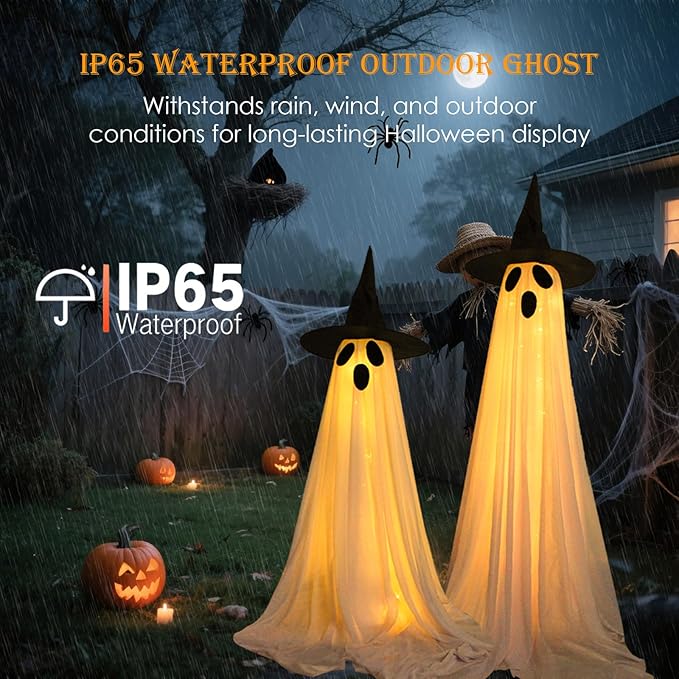 2 Pack Halloween Decorations Outdoor, Solar Light Up Spooky Ghost Decorations, Waterproof Solar Halloween Lights Outdoor Ghost Decor for Yard, Porch, Pathway, Haunted House Party Decor
