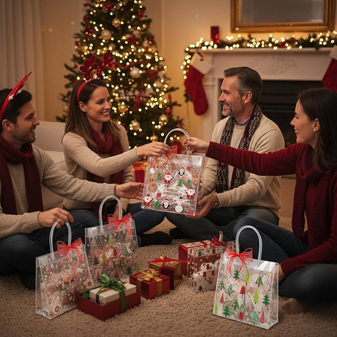 Henoyso 12 Pcs Christmas Clear Gift Bags Plastic Candy Treat Goodie Bags Red Foil Santa PVC Wrap Totes with Handles and Ribbon Xmas Party Favors (Santa and Xmas Tree,7.8 x 7.8 x 3.1 Inch)