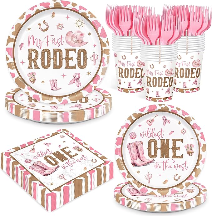 120pcs My First Rodeo Party Supplies Western Cowgirl Plates Napkins 1st Rodeo Tableware Set Paper Cups Pink Forks Western Birthday Party Decorations for Wild West Cowgirl Celebrations 24 Guests