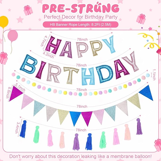 5 Pcs Pre-strung Unicorn Glitter Happy Birthday Banner Set, Felt Happy Birthday Garland with Ball Garland, Pennant Flags and Tassels, Birthdays Party Decorations for Kids and Adults