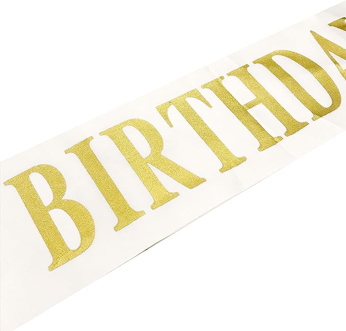 Birthday Sash for Girls White Satin Birthday Girl Sash with Gold Glitter Lettering Party Favors, Supplies and Decorations