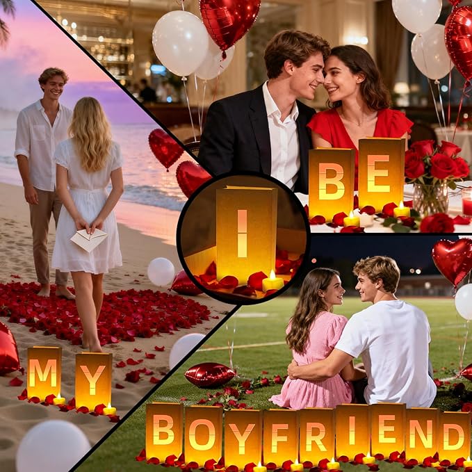 Be My Boyfriend Light Up Letters, Include Light up Letters, with Tea Lights Candles, Latex Balloons, Aluminum Balloons and Rose Petals, Anniversary and Valentines' Day Decorations for Women