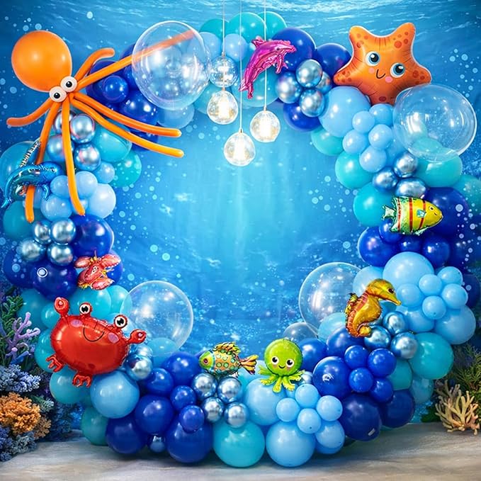 2 Packs Ocean Themed Party Decorations 330pcs Blue Balloon Arch Garland Kit Bubble Balloons Marine Animals Fish Balloons for Nemo Dory Luca Birthday Under The Sea Decorations Shark Party