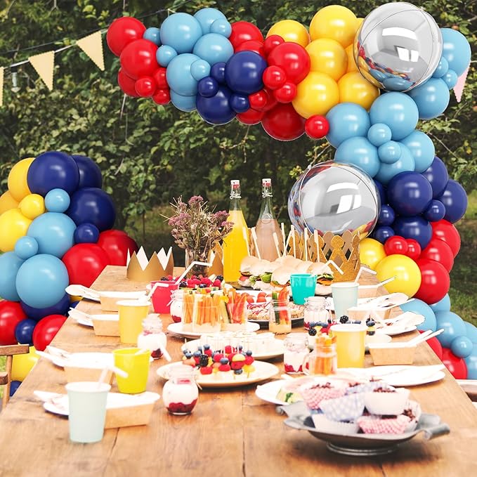 Red Blue Yellow Balloon Arch Kit with 4D Silver Ball Foil Balloons, Dusty Navy Blue Red Yellow Latex Balloons Garland for Carnival Circus Birthday Baby Shower Party Decorations
