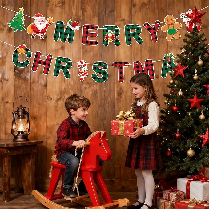 Merry Christmas Banner,Pre-Strung Red Green Buffalo Plaid Christmas Banner, Gingerbread Xmas Tree Garland Sign for Christmas Party Decorations,Indoor,Home, Office,Fireplace,Wall,Windows,Holiday Decor