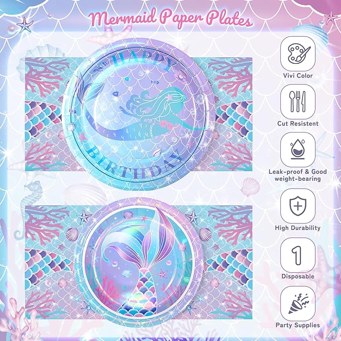 72PCS Mermaid Birthday Plates and Napkins, Set of 24 Disposable Paper Plates for Sea Themed Birthday Party Decorations, Mermaid Themed Party Supplies
