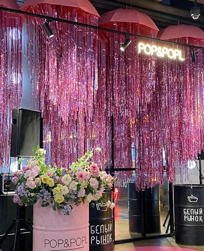 GOER 3.2 ft x 9.8 ft Metallic Tinsel Foil Fringe Curtains Party Photo Backdrop Party Streamers for Birthday,Graduation,New Year Eve Decorations Wedding Decor(5 Packs,Laser Pink)