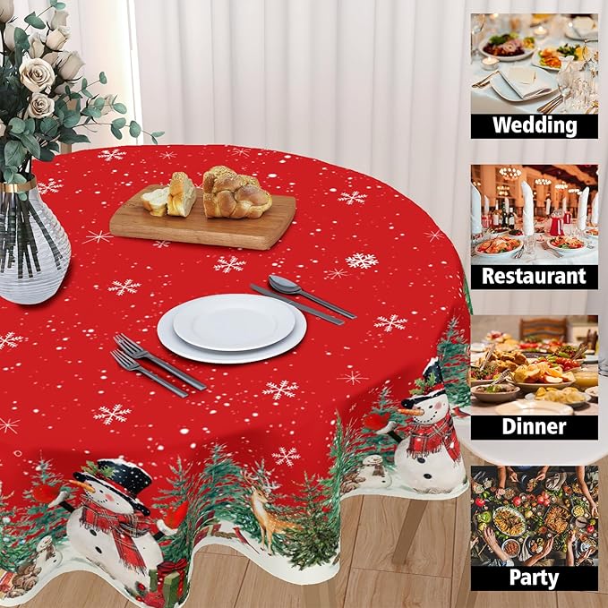Christmas Tablecloth Round 60 Inch Red Winter Snowman Snowflake Table Cloth Farmhouse Xmas Tree Snow Table Cover for Kitchen Dinner Room Holiday Party Indoor Outdoor Home Christmas Decor