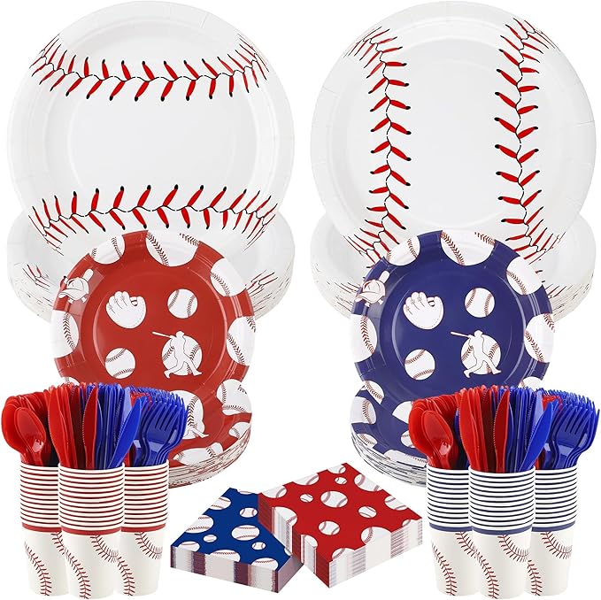 Kochorie 400 Pieces Baseball Disposable Tableware Sets, Baseball Party Supplies with Plates Cups Napkins Cutlery Serves 50 for Birthday Sports Party Decorations