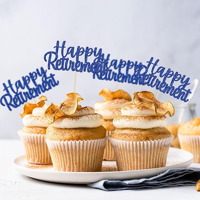 Gyufise 36 Pack Happy Retirement Cupcake Toppers Blue Glitter Retired Cupcake Picks Decorations for Retirement Theme Birthday Party Cake Decorations