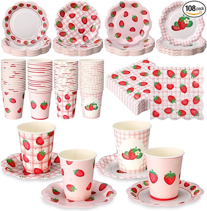 Yungyan 108 Pcs 36 Guest Strawberry Party Paper Plates and Napkins Strawberry Decoration Disposable 6" Scalloped Dessert Plates 9 oz Cup Tableware Set for Baby Shower Berry First Birthday Supplies