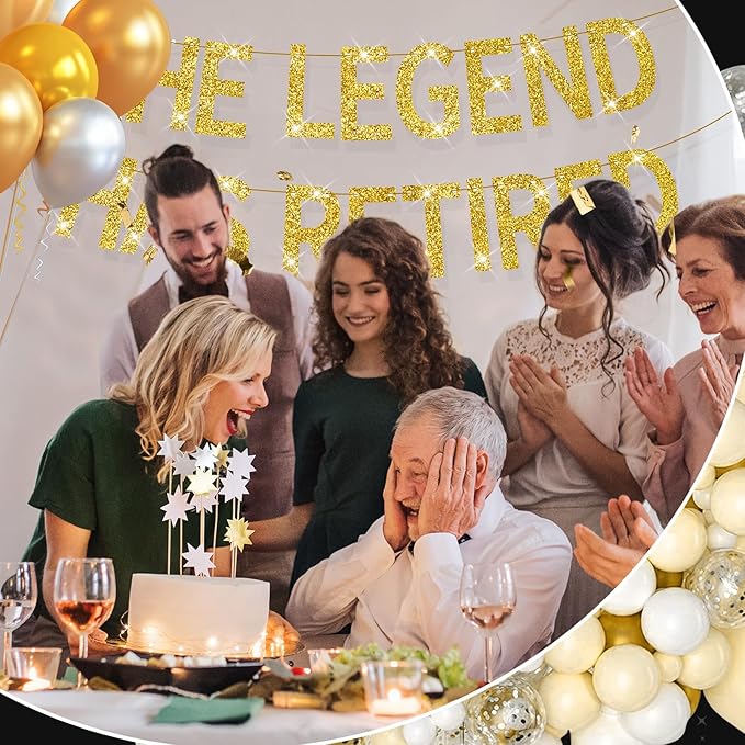The Legend Has Retired Banner Gold Glitter Pre-Strung No DIY Retirement Banner Decorations for Men Women Retirement Party Supplie(Gold)
