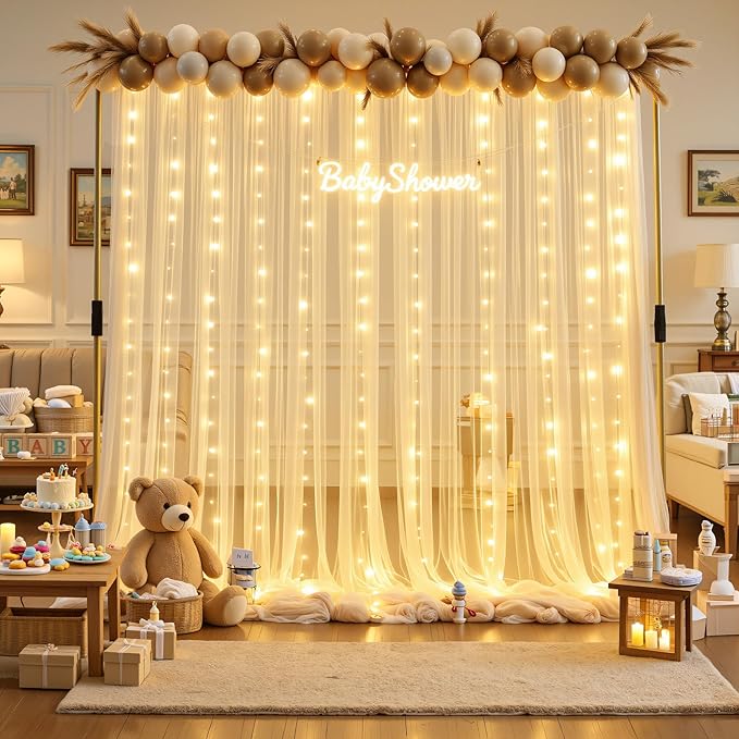 10×15ft Champagne Tulle Backdrop Curtain with Lights String for Parites Sheer Fabric Backdrop Curtains for Wedding Baby Shower Birthday Party Backdrop Drapes Bridal Shower Photo Shoot Background
