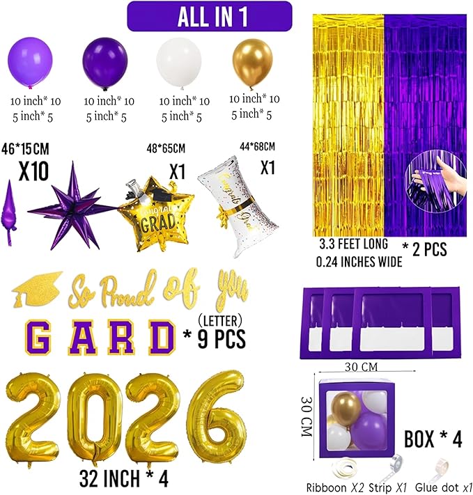 Purple Graduation Decorations 2026 Set of 4 GRAD Balloon Boxes with Balloon Arch Garland Kit mylar balloons Fringe Curtain So Proud of You 2026 prom Graduation kpop Decorations