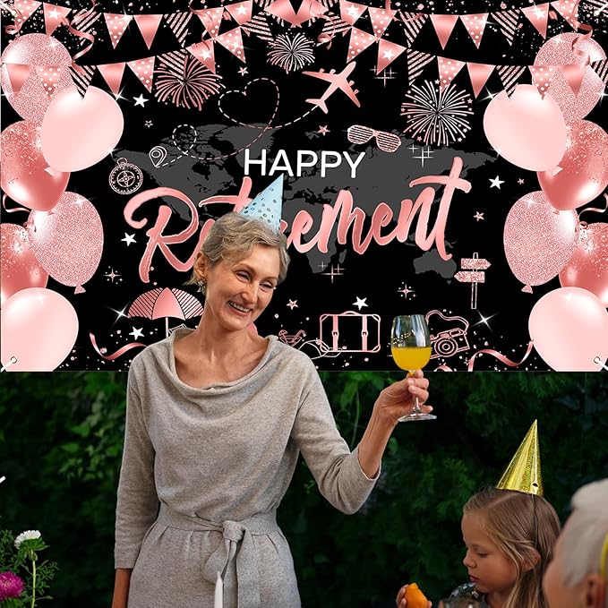 Mocsicka Happy Retirement Backdrop Pink Rose Gold Balloons Women Happy Retirement Banner Party Decorations Photo Booth Props (Pink, 8x6ft)
