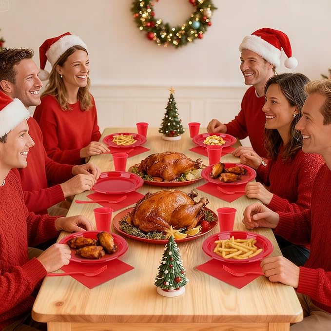 Red Plastic Plates for Party, Disposable Red 9'' Dinner Party Plate Cups Napkins Set for 50 Guests, Party Supplies Dinnerware for Christmas, Birthday,Wedding, BBQ