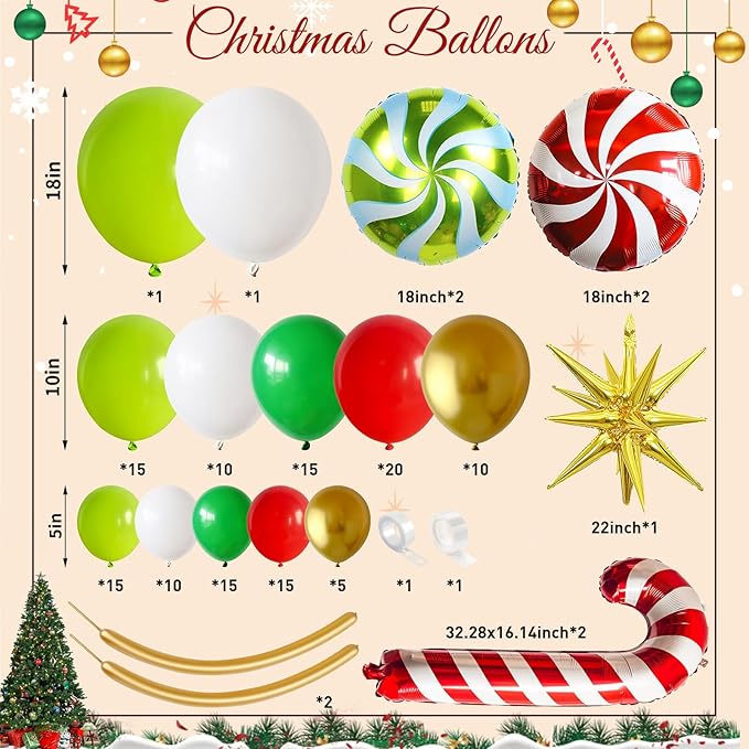 Christmas Balloon Arch Garland Kit, 141Pcs Red and Green White Xmas Balloon with Candy Cane Gold Explosion Star Foil Balloons for Merry Christmas Holiday Woodland Winter New Year Party Decorations