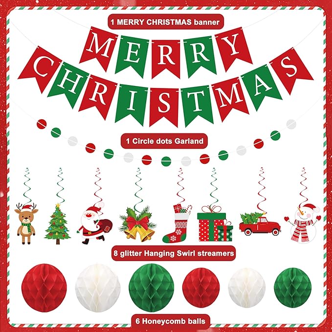 Merry Christmas Party Decorations Pre-strung Red Green Merry Christmas Banner with Honeycomb Balls Santa Claus Snowman Xmas Tree Hanging Swirls Colorful Circle Dots Garland for Holiday Party Decor
