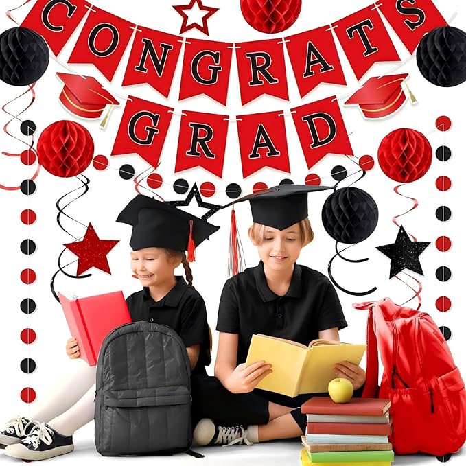 Red and Black Congrats Grad Banner 2026 Graduation Decorations with Hanging Swirl Honeycomb Ball Circle Garland Grad Party Favor Supplies for College Senior High School Classroom Decor
