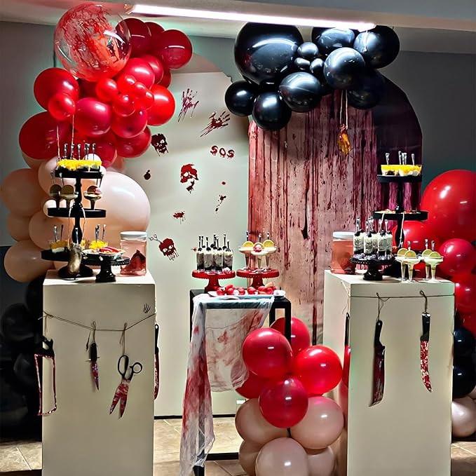 Scary Halloween Balloon Arch Garland Kit, Black Red and Apricot Horror Party Balloons with 3D Spider Decor, Clear Balloon with Blood for Halloween Spooky Zombie Horror Themed Birthday Decorations