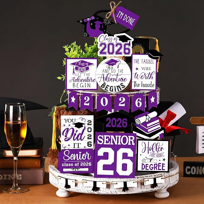 22 Pcs 2026 Graduation Tiered Tray Decor Sets Wooden Graduation Class of 2026 Table Decorations Senior 2026 Gown Diploma Farmhouse Signs for Home Shelf Party Office Desk(Purple)