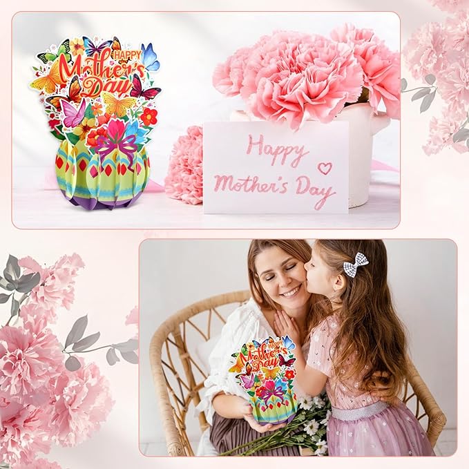 FaCraft Pop Up Mothers Day Cards - Large 7.8" Handmade Happy 3D Mothers Day Card with Butterflies & Flowers - Unique Standing Art Sculpture for Mom Grandma Wife - with Envelope