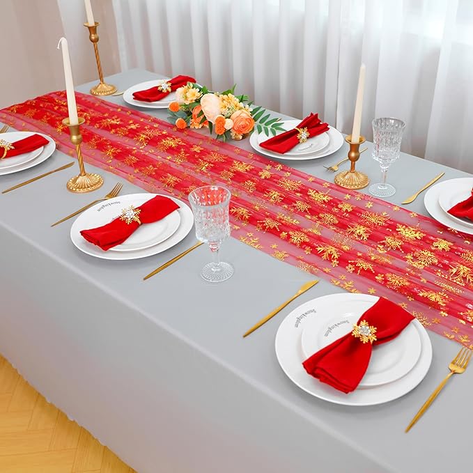 Snowkingdom Red Table Runner, 120 Inches Long Sheer Tulle with Gold Snowflake for Winter Holiday Wedding Home Party Valentine's Day New Year Christmas Table Decor
