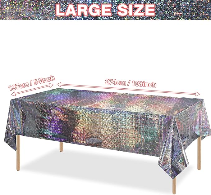FunnyPars 4 Pack Iridescent Plastic Tablecloths Shiny Disposable Laser Rectangle Table Covers Holographic Foil Tablecloth Iridescent Party Decoration Birthday Bridal Wedding Christmas 54"x108"(Silver)