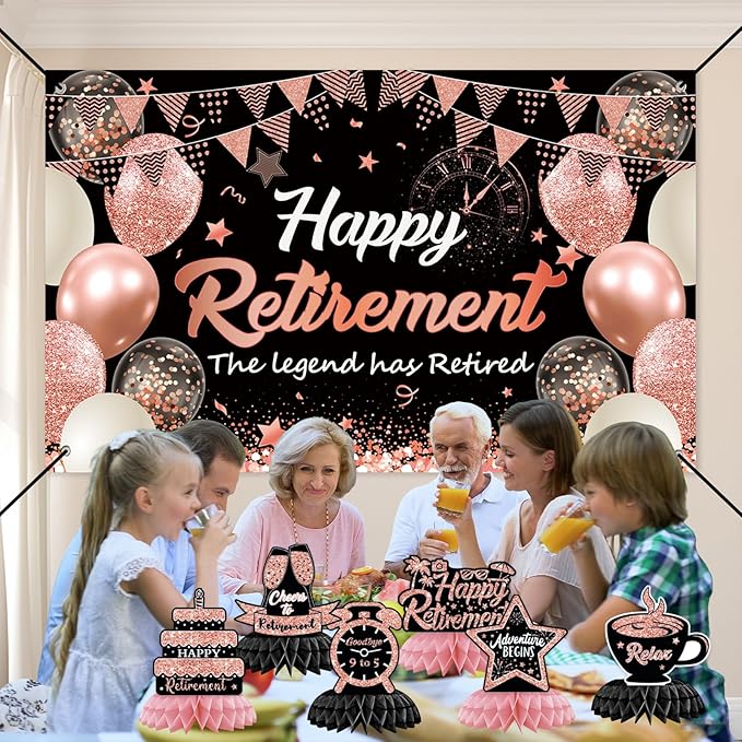 Retirement Party Decorations for Women, Rose Gold Happy Retirement Decorations Banner with 6PCS Honeycomb Centerpiece,5.9 x 3.6Ft,Going Away Party Decorations Coworker Goodbye Party Supplies