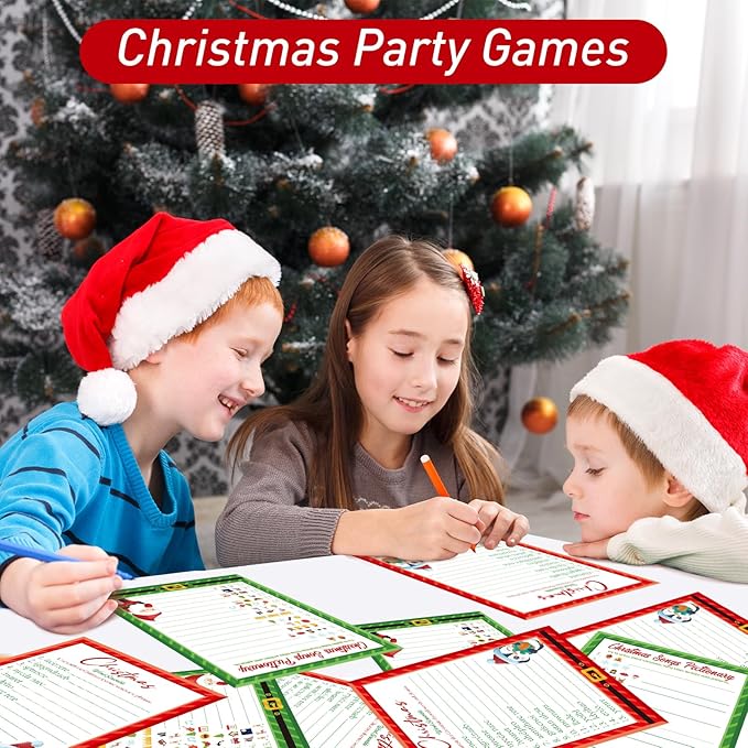COCHIE 30 Players Christmas Party Games for Adults Family Office Large Groups, Xmas Parties Songs Pictionary Game, Guesstures Game, Word Scramble Games with Answer Key (Santa & Penguin)