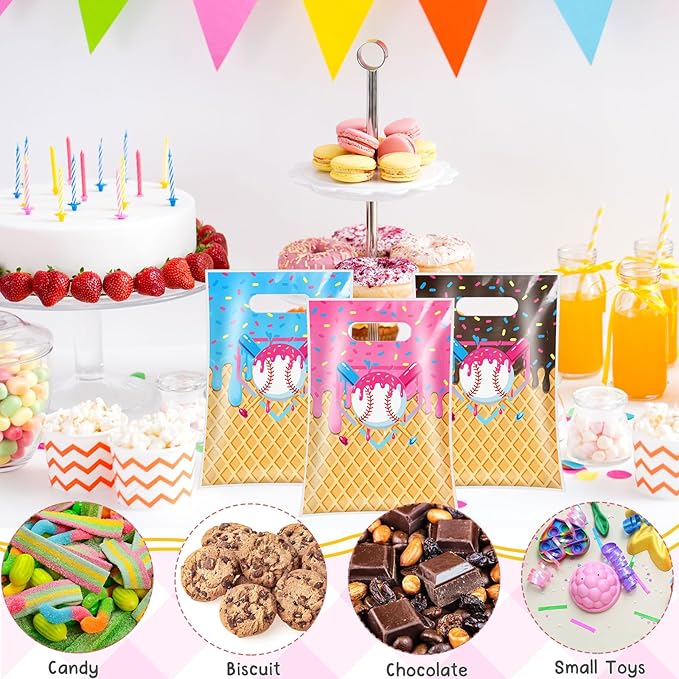 Glenmal 50 Pcs Baseball Ice Cream Drip Party Favors Gift Bags Plastic Ice Cream Baseball Goodie Candy Treat Snack Bags for Birthday Party Supplies