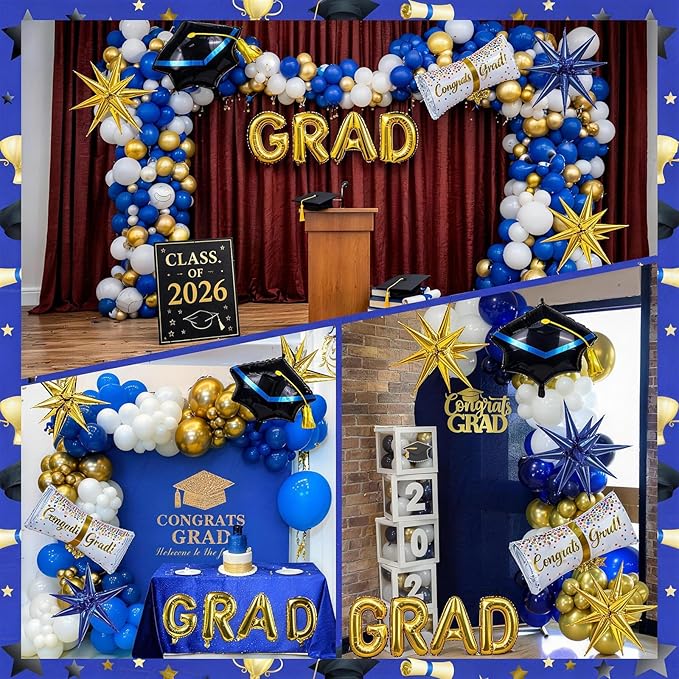 Blue Graduation Balloons Garland Arch Kit, 113 PCS Blue Gold White Graduation Star Print Cap Certificate Grad Foil Balloons with Gold Explosion Star Balloon for Graduate Class of 2026 Prom Party Decor
