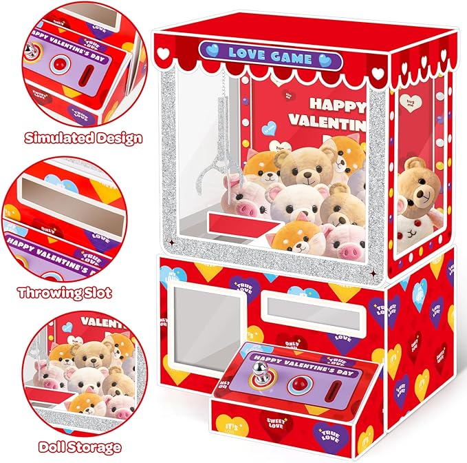 Gloween Valentines Boxes and Cards for Kids Classroom School Exchange, Great Valentines Day Gifts Party Favors for Boys Girls (1 Claw Machine Box, 32 Valentine Cards, 1 Teacher Card, Doll not Included)