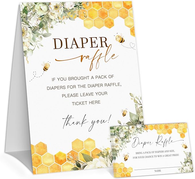 Honey Bee Diaper Raffle Game, Diaper Raffle Tickets for Baby Shower, Bee Theme Gender Neutral Tickets for Baby Shower Party Favor Decorations Supplies (1 Sign + 50 Cards)