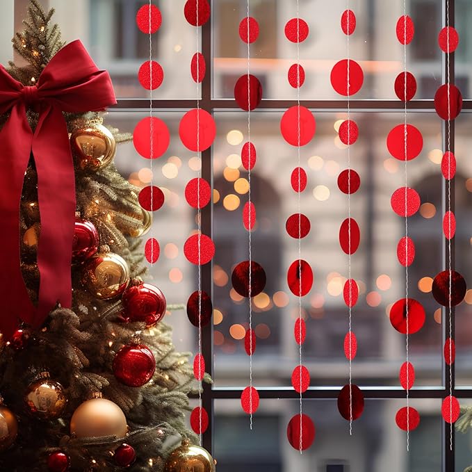 Syhood 10 Pcs Party Decorations Paper Dot Circle Garlands Glitter Streamers Hanging Banner Decor for New Year Baby Shower Wedding Birthday Backdrop Supplies (Red)