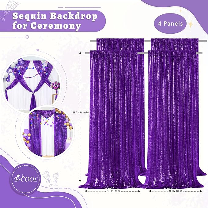 B-COOL Purple Sequin Backdrop Curtains 4 Packs 2ftx8ft Sparkle Backdrop Fabric Glitter Backdrop for Party Ceremony Wedding Birthday Decoration
