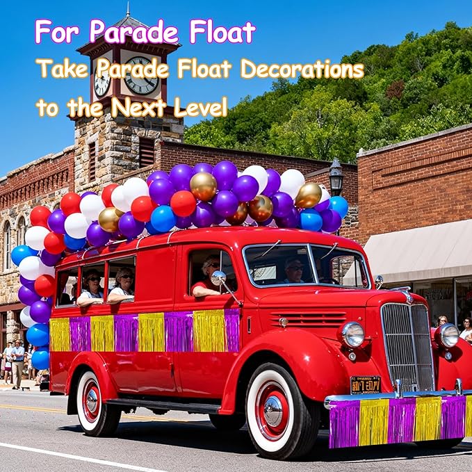 4 Packs Total 39 Ft Graduation Parade Floats for Trailer Car, Purple Gold Foil Fringe Garland Tinsel Streamers Banner Table Skirts for Graduation Homecoming Birthday Party (Purple Gold)
