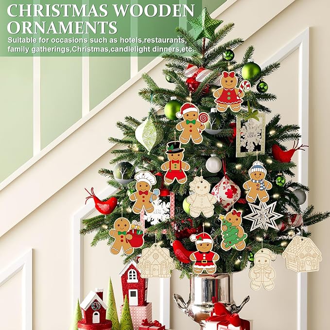 36PCS Wooden Christmas Ornaments to Paint, 12 Styles DIY Blank Unfinished Wood Gingerbread Man Cutouts Ornament for Crafts Winter Hanging Decorations