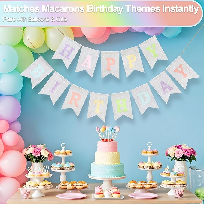 Happy Birthday Banner - Pre‑Strung Burlap Birthday Decorations and Reusable Birthday Sign for Men, Women & Kids | Party Supplies Backdrop (Macaron)
