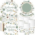 Pickmesh 250 Pcs Sage Green Floral Baby Shower Party Supplies Decorations Serve 50 Wildflower Welcome Baby Disposable Paper Plates Napkins and Cups for Birthday Babies Boy Shower Gender Reveal Party