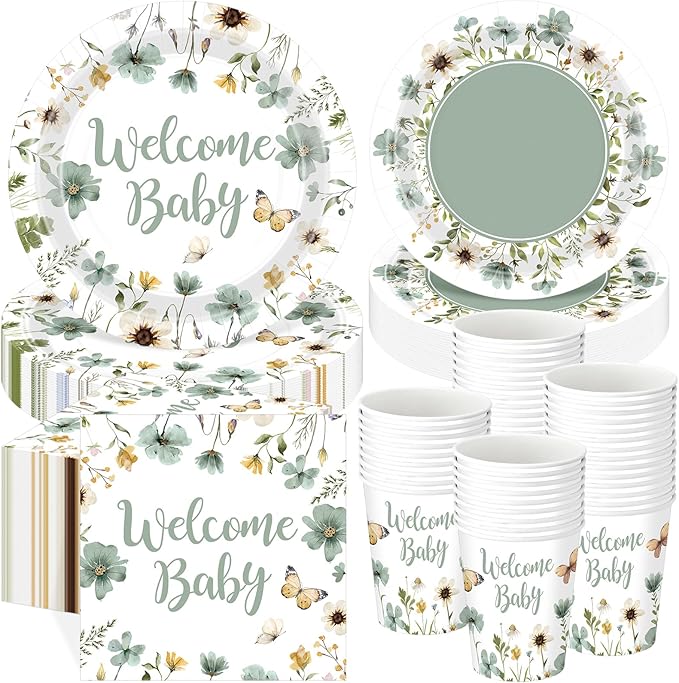 Pickmesh 250 Pcs Sage Green Floral Baby Shower Party Supplies Decorations Serve 50 Wildflower Welcome Baby Disposable Paper Plates Napkins and Cups for Birthday Babies Boy Shower Gender Reveal Party